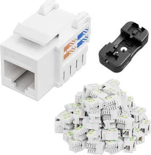 iwillink 10Gbps Cat6 Keystone Jack and Punch-Down Stand, 50-Pack, RJ45 Ethernet Keystone Jacks, 90-Degree UTP Modular Punch Down Keystone Jack Adapter, White