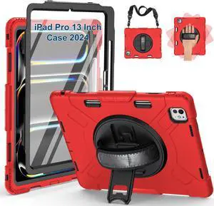 SUPFIVES Case for iPad Pro 13 Inch 2024 (7th Gen), with Screen Protector/Shoulder Strap/Pencil Holder/Handle/Rotating Stand, Red