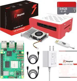 iRasptek Starter Kit for Raspberry Pi 5 RAM 8GB -Pre-Loaded with 64GB Edition Raspberry Pi OS (Red&White Case)