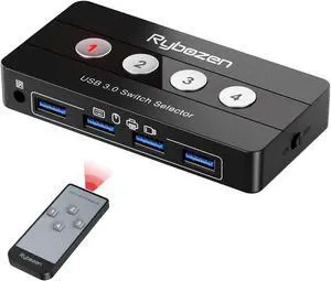 Jancane USB 3.0 Switch Selector, 4 Port KVM Switch USB Peripheral Switcher Box, 4 Computers Sharing 4 USB Devices, Button Switch & Remote Control