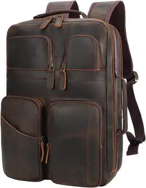 TIDING Full Grain Leather 15.6" Laptop Backpack for Men Multi Pockets Casual Daypack Business Travel Rucksack