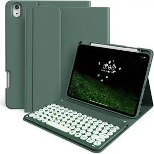 KenKe for iPad 10th Generation (10.9 Inch 2022) / iPad (A16) 11th (11 inch 2025) Keyboard Case with Right Pencil Holder, 7 Color Backlight Round Cap with Wireless Detachable Keyboard, Dark Green