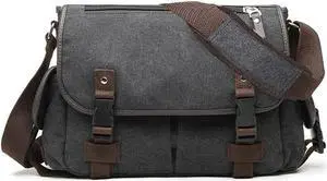 [Upgraded] Vintage Canvas Messenger Bag 13 15.6 17 inches Large Book Laptop Shoulder Bag Women Men New (Black, Medium)