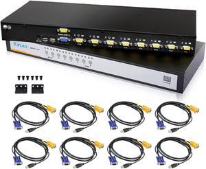 1U Rack Mount 8 Port USB VGA KVM Switch with 8 USB VGA Cables - 2048 x 1536 DDC2B, Support Panel Buttons/Hotkeys/OSD Menu/Mouse Switching, Auto Scan, Control up to 8 Computers
