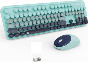 Keyboard and Mouse Wireless,2.4Ghz Retro Typewriter Style Round Keycap,Full Size Wireless Keyboard Mouse Combo,Cute Cordless Keyboard Mouse Set for PC Laptop Desktop Computer-Blue Black Colorful