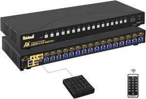 JideTech 16x1 HDMI KVM Switch with USB 3.0 HUB, 16 in 1 Out 4K HDMI Switcher with 4K 60Hz Resolution, Rack Mount KVM Switch Support HDCP, EDID, Hotkey Mouse Switching for Linux, Windows, Mac, Unix
