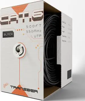 Transber, CAT6 500ft Ethernet Cable Solid UTP Up to 10Gbps 550Mhz 23AWG 4x2 Pair Bulk Cable Network PoE++/4PPoE LAN Wire 500-feet Easy Pull Box (Black) Transber, CAT6 500ft Ethernet Cable Solid UTP Up to 10Gbps 550Mhz 23AWG 4x2 Pair Bulk Cable Network PoE++/4PPoE LAN Wire 500-feet Easy Pull Box (Black)