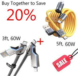 Jixivor 2 Pack 4 in 1 USB C Lightning Cable, [3ft-60W Flat Braided] [5ft-60W Soft Silicone] USB C to Lightning Charging Cord Anti-Tangle Fast Charging Cable Combo Lightning/Type C/USB A Ports