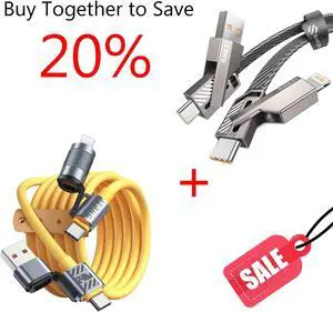 Jixivor 2 Pack 4 in 1 USB C Lightning Cable, [5ft-45W Flat Braided] [5ft-140W Soft Silicone] USB C to Lightning Charging Cord Anti-Tangle Fast Charging Cable Combo Lightning/Type C/USB A Ports