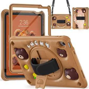 TSQQST Case for iPad (A16) 11th/10th Generation 10.9 with Screen Protector & 360 Rotating Stand+Hand Strap, Cute Cartoon Soft Shockproof Case Cover for iPad 10th Gen for Kids Boys, Brown