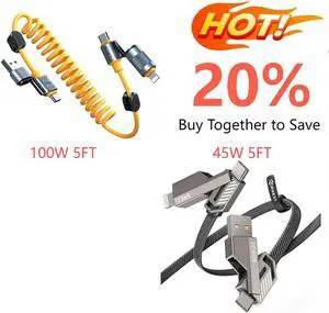 4-in-1 USB C Cable 45W 5ft & 4-in-1 Coiled USB C Cable for Car 100W 5ft Charging Cord with Magnetic Clips, Fast Charging Cord Combo L/Type C/USB A Ports for iPhone iPad Samsung