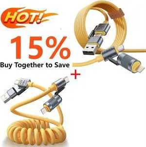 2 Pack 4 in 1 USB C Lightning Cable, [SHEZI Style] 60W Coiled + 100W 5ft 4 in 1 USB C to Lightning Charging Cord Soft Silicone [Fast Charging & Data Sync] Combo Lightning/Type C/USB A Port for iPhone