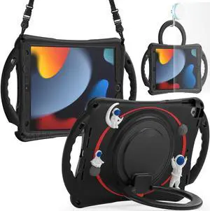 Tuiklol Case for iPad 10.2 inch 2021 Generation 9th Tablet with Pencil Holder Rotate Hand Strap/Shoulder Strap with Kid for ipad 10.2'' 8th/7th Generstion (2020 2019) Cover,Black