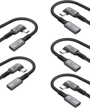 USB C Extension Cable 6.6ft 5-Pack Type-C Gen 2 Extender Cord 100W 10Gbps 4K60Hz Video, USBC Male to Female Extended Small Right Angle Braided for Laptop Tablet Phone Switch Power Bank Docking Station