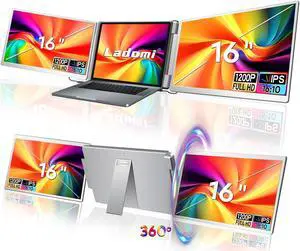 Laptop Screen Extender, 16" FHD 1200P IPS Triple Portable Screen Extender Monitor for 12"-18.5" Laptop, Plug & Play Laptop Monitor Extender, Fit for MacOS, Wins, Dex, Chrome, Surface, Switch