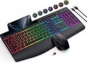 Wireless Keyboard and Mouse Combo- VEILZOR 2.4G Rechargeable Keyboard with Phone Holder, Ergonomic Wrist Rest, 9 RGB Backlit Effects, Silent Keyboard Mouse Set for Windows, Laptop, PC