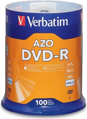 Verbatim DVD-R Blank Discs AZO Dye 4.7GB 16X Recordable Disc - 100 Pack Spindle Frustration Free Packaging