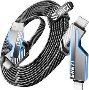 Vexipia 4-in-1 Long USB C Cable 60W 15FT Lightning Cable Fast Charging Flat Nylon Braided for iPhone iPad Charger Cord [480Mbps Data Sync] Multi Charge Wire Combo with Lightning/Type C/USB A Port