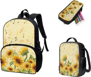 Viewamoon 3 Pack Sunflower Backpack Large for Preschool Toddler Girls 8-12 Age Large Lunch Bag With Elastic Water Bottle Pocket And Pencil Case,Muisc Note Pattern Sunflower Backpack Cute School Bag
