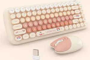 Cute Compact Wireless Keyboard and Mouse Combo, 84 Typewriter Style Candy Color Round Keys, Cat Shape Mouse, 2.4G Connectivity, Compatible with PC, Laptop (Milk Tea)