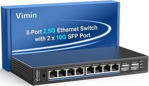 8 Port 2.5G Unmanaged Network Switch+2X10G SFP, VIMIN 8X 2.5G Switch base-T Ports, 2X 10G SFP Port, 80Gbps Switching Capacity, IEEE802.3, Metal Housing, Fanless, Work for 2.5Gbps NAS, Wireless AP & PC