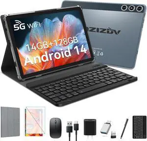 2025 Latest Android 14 Tablet, 4G Cellular Tablets with Dual Sim Slot, 14GB RAM 128GB ROM (TF 1TB) 10 inch Tablet, 2 in 1 Tablet with Keyboard, Octa-Core, Incell Display, 5G WiFi+4G LTE, 8000mAh, GPS