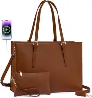 LOVEVOOK Laptop Bag for Women, 15.6 Inch Large Waterproof PU Leather Computer Tote Bag for Work Business Office Travel with USB Charging Port, Fashion Waterproof Shoulder Bag Handbag Purse, Brown