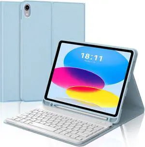 KVAGO Keyboard Case for iPad 10th Generation 10.9 inch 2022, Detachable Wireless Bluetooth Keyboard, Smart Stand Folio Keyboard Cover with Pencil Holder for iPad 10th Gen (Light Blue)