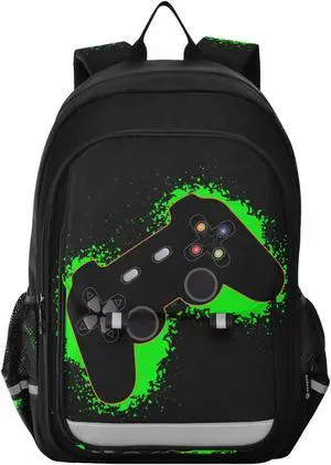 Krafig Green and Black Video Game Backpack Girls Boys Elementary School Bags Bookbags Laptop Backpack Travel Daypack Safe Reflective Stripes