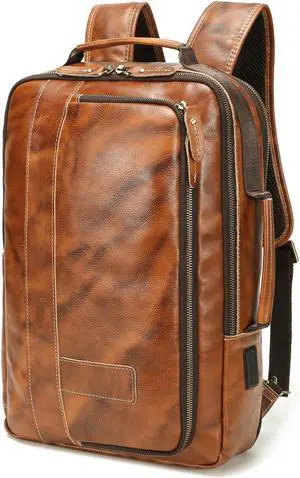 LANNSYNE Vegetable Tanned Leather Backpack for men, Expandable Leather Backpack Fits 15.6 Laptop, Tote Shoulder Travel Bag Rucksack