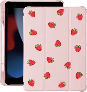 Cute Kawaii Strawberry for iPad 10th Generation Case 10.9 Inch 2022 with Pencil Holder, Auto Sleep/Wake, Pink Leather Soft TPU Back Cover
