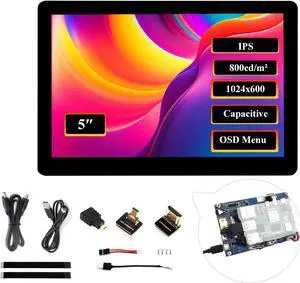 5inch HDMI Touch Screen 1024x600, Capacitive Touch IPS Display, Compatible with Raspberry Pi 5/4B/3B+/3B/Zero 2W/Zero W/Zero/Pico/Pico W, Win 11/10/8.1/8/7 /Jetson Nano (Wide-Bezel Capacitive Touch)