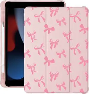 Cute Kawaii Bow for iPad Pro 12.9 Inch Case 5th/6th Generation 2022/2021/2020 with Pencil Holder, Auto Sleep/Wake, Pink Leather Soft TPU Back Cover