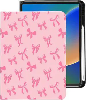 Cute Kawaii Pink Bow for iPad 10th Generation Case 10.9 Inch 2022 with Pencil Holder, Auto Sleep/Wake and Multiple Viewing Angles, Pink Leather Soft TPU Back Cover