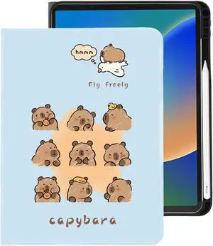 Cute Kawaii Capybara for iPad 10th Generation Case 10.9 Inch 2022 with Pencil Holder, Auto Sleep/Wake and Multiple Viewing Angles, Blue Leather Soft TPU Back Cover
