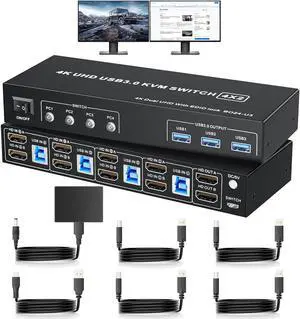 2 HDMI Port KVM Switch Box for 4 Computers Share 2 Monitors, LUKFOCAB Dual Monitor with 3 USB 3.0 Ports, Support 4K@60Hz Copy Extended Splicing Display, Button Controller & 4 USB Cables Included