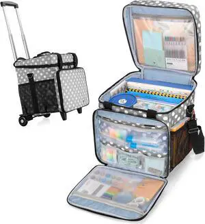 LUXJA Rolling Teacher Tote Bag with Bottom Support Pad, Multifunctional Teacher Bag with Detachable Dolly (Patented Design), Polka Dots