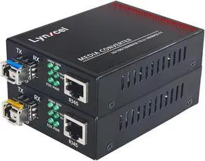 Lynxcel Gigabit Fiber to Ethernet Media Converter, Single Mode Fiber Media Converter with 2Pack Bidi SFP SMF LC Module, 10/100/1000Base-TX to 1000Base-FX SFP to RJ45 Converter, up to 20km