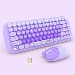 Cute Compact Wireless Keyboard and Mouse Combo, 84 Typewriter Style Candy Color Round Keys, Cat Shape Mouse, 2.4G Connectivity, Compatible with PC, Laptop (Purple)