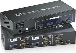 8K@60Hz Dual Monitor Displayport KVM Switch 2 Monitors 2 Computers, USB 3.0 4K@120Hz DP KVM Switch for 2 PCs Share 2 Monitors and 4 Port USB 3.0 to Connect Keyboard, Mouse, Printer and More