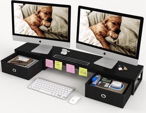 Dual Monitor Stand Riser with 2 Drawers - 39Inch Large Storage Computer Monitor Stands for 2 Monitors, Wooden Desktop Organizer Perfect for Home Office Desk, Computer, Laptop, TV, Black
