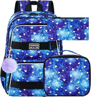 ZLYERT 3Pcs Backpack for Girls, 17 Inch Heart School Bookbag with Lunch Box, Durable Laptop Backpack Set for Teens College(Blue)