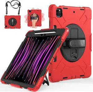 Miesherk Case for iPad Pro 12.9 Inch 6th/5th/4th Generation, Military Grade Heavy Duty Shockproof iPad Pro 12.9 Case - Rotating Stand, Pencil Holder, Hand/Shoulder Strap, Black+Red