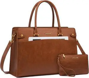 LOVEVOOK Laptop Tote Bag For Women Work, Vintage Leather Computer Bags For Laptops For Women, Waterproof Laptop Bag Business Briefcase Office Large Shoulder Handbag Purse, 15.6 Inch, Brown
