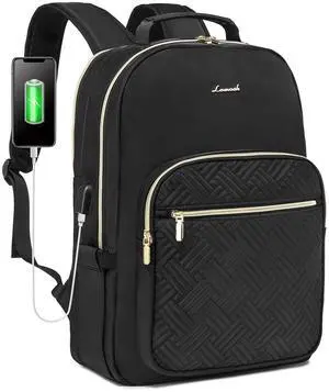 LOVEVOOK Laptop Backpack for Women, Stylish Quilted Backpacks Purse for Business Work Travel, Computer Bags Bag, with USB Port fits 15.6-inch Laptop, Black