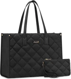 LOVEVOOK Laptop Bag for Women, Lightweight Puffer Tote Bag fits 17.3 inch Computer, Large Quilted Puffy Work Purse, Professional Business Office Briefcase Handbag, Black