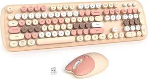 Wireless Keyboard and Mouse Combo for Windows, MOWUX 2.4G Full-Sized External Cordless Computer Keyboard, Compact Mouse, 8 Multimedia and Shortcut Keys, for PC, Laptop - Milk Tea Colorful