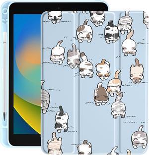 Cute Kawaii Cat for iPad Pro 10.5 Inch 2017 Air 3 Case with Pencil Holder, Foldable Blue Leather Cover Case, Support Auto Sleep Wake