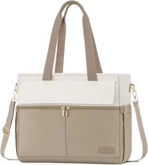 LOVEVOOK Women's Khaki Beige 15.6 Inch Laptop Tote Bag, Large Capacity Work Bags with Multiple Pockets, Water Resistant Computer Bag for Business Travel, Nurse, Teacher
