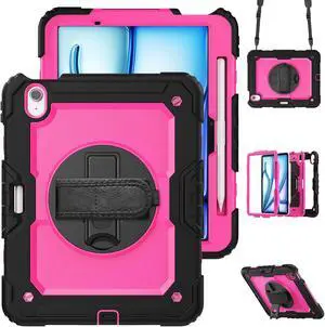 Loyrina for iPad Air 11 inch Case 2024 (M2), Protective 360deg Rotating Stand Hand/Shoulder Strap, Pencil Holder & Shockproof Silicone and Hard PC Case for iPad Air 11", Rose Red